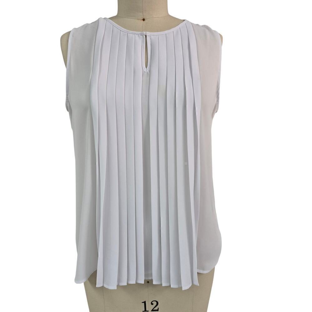 Calvin Klein white pleated front peekaboo Career poly Sleeveless  top Sz L nwot